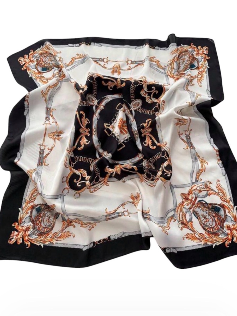 Black and White Baroque-Print Satin Scarf with Gold Accents
